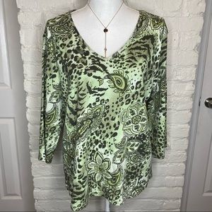 Karen Scott Green Animal Paisley Floral V Neck Top